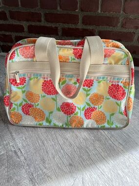 VTG LeSportsac Deluxe Weekender Bag Vibrant Floral Pom-Pom Large Travel Duffle